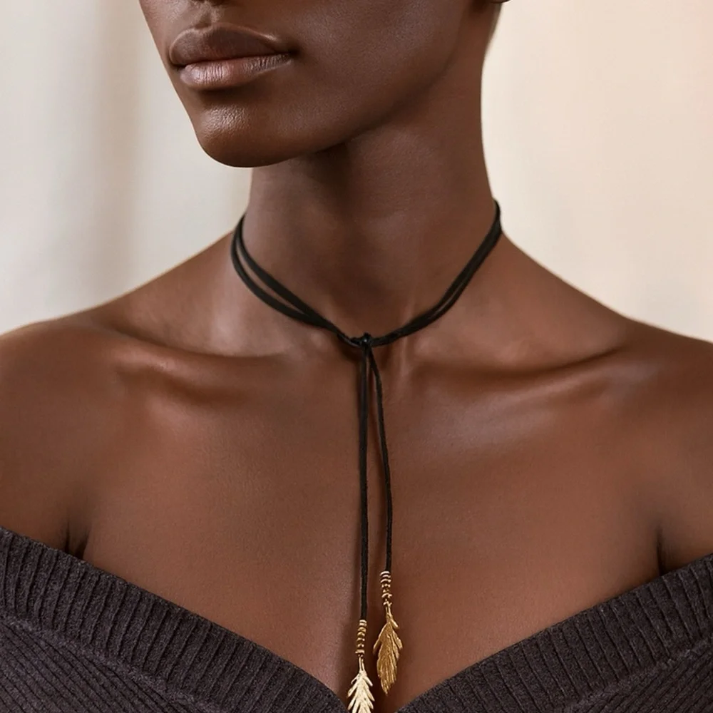 Bohemian Faux Leather Rope Necklace w/ Feather Pendants - Picture 1 of 4